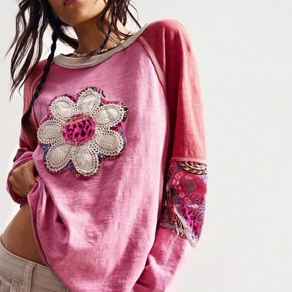 Multicolor Boho Casual Women's Long Sleeve Patchwork Graphic long sleeve T-Shirt - Picture 2 of 7